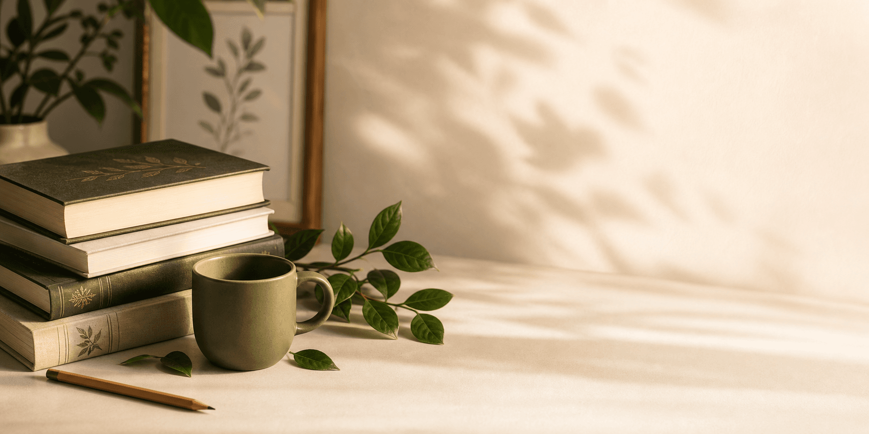 پسزمینه کتاب، ماگ سبز و گیاه برای بخش مزیتهای خرید از کتابیار